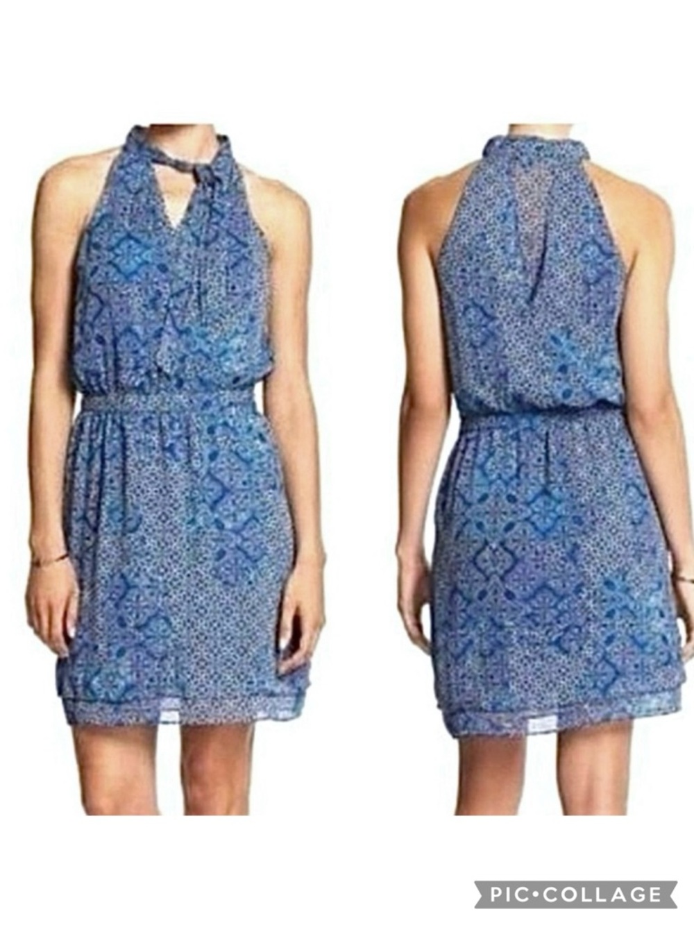 Banana Republic Factory Dress Halter Mini Blouson Blue Tie Neck Paisley 4 Boho